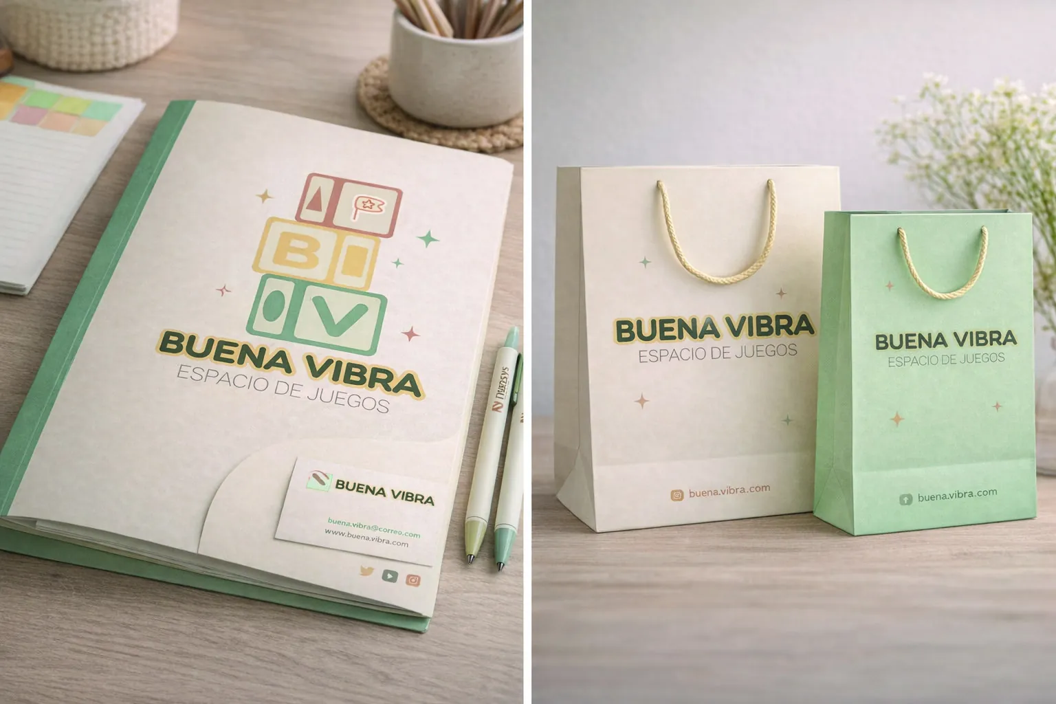 Papelería y bolsas de Buena Vibra